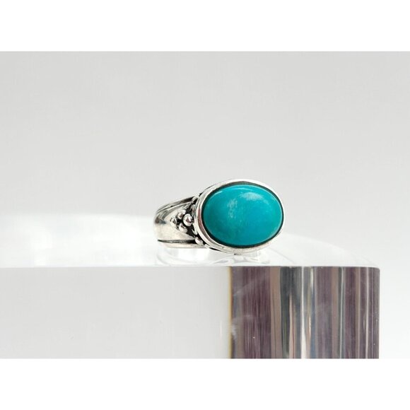 Southwest Style Oval Turquoise Bezel Set Vintage Sterling Silver Ring - sz 6 - Picture 3 of 10